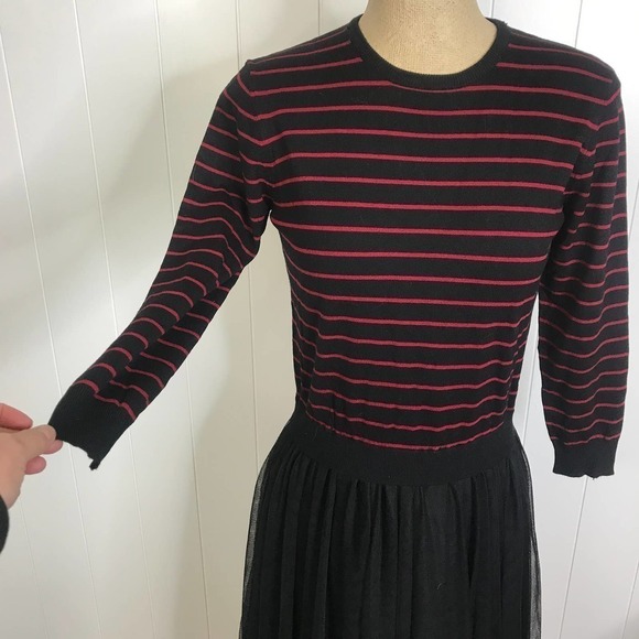 English Factory Black/Red Stripe Midi Sweater Dress With Tulle Skirt L - Picture 4 of 10